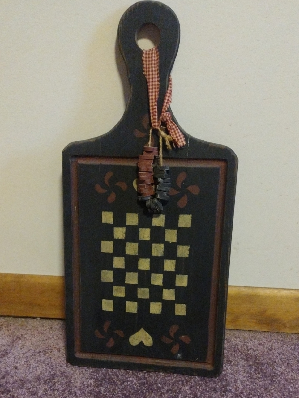 Hand-Painted Black Wooden Paddle with Gold Checkerboard